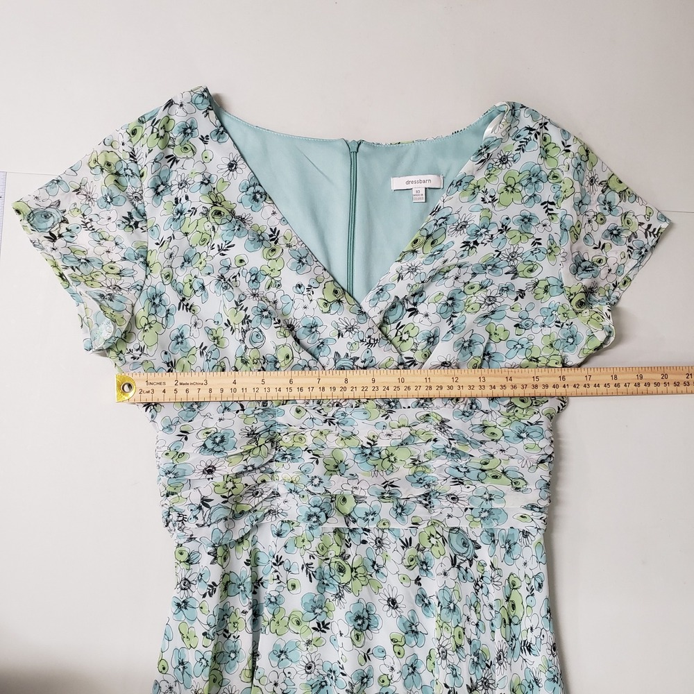 Dressbarn Floral Faux Wrap Midi Dress Size 10 Green Blue Ruched Chiffon Cottage - Picture 6 of 8
